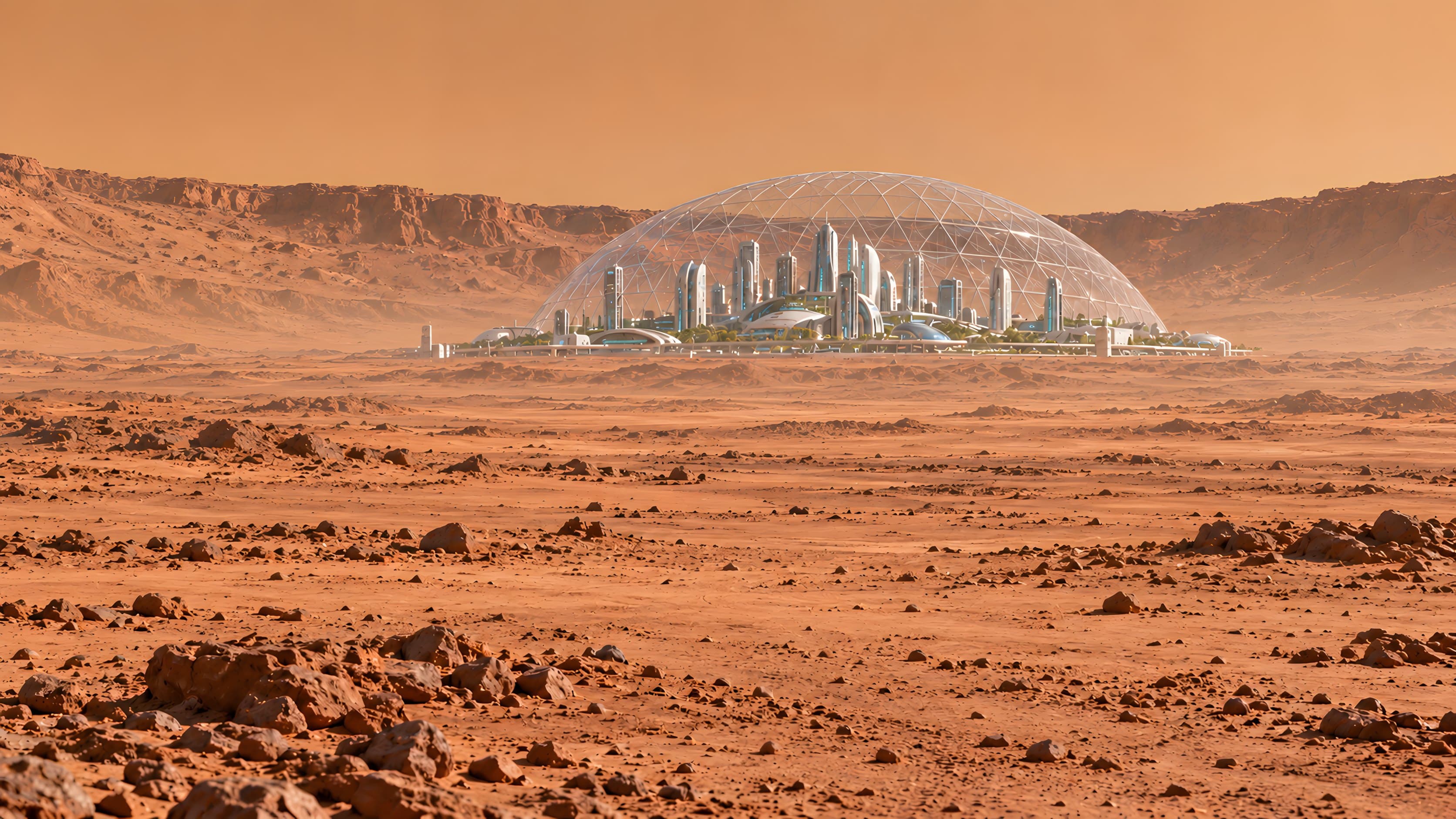 Concept art: the Jezero Crater colony at midday, with pioneer modules and a drill rig in front, printed regolith shells behind and white towers under a glass dome in the distance