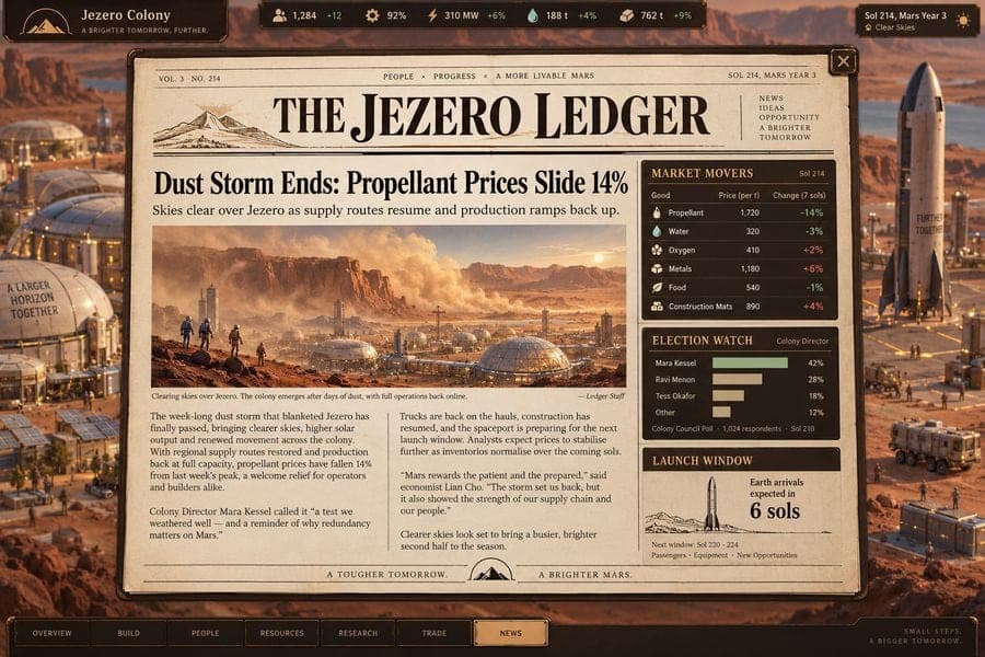 Concept art: The Jezero Ledger, the colony newspaper